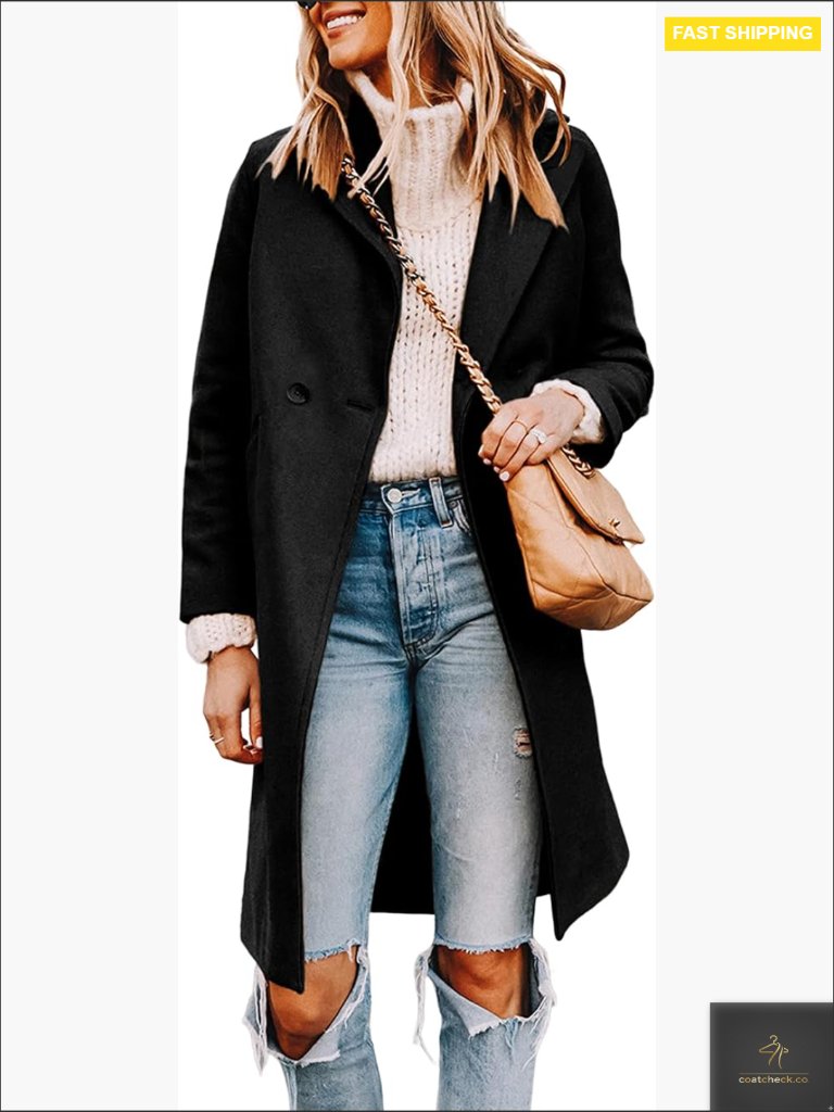 Wool Blend Trench Coat Notch Lapel Double Breasted Classic Elegant Pea Coat